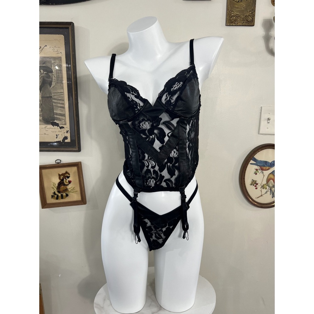Vintage XTC Leather New York Black Cowhide Leather Lace Corset Garter Set
